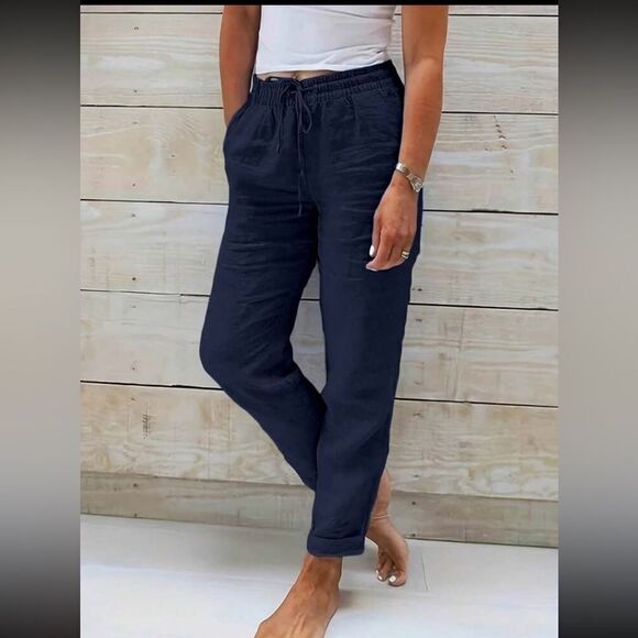 Women Spring/Summer Solid Color Elastic Waist Drawstring Casual Pants Navy NWOT - Picture 1 of 3